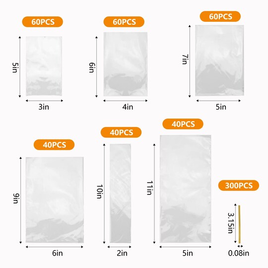 NEOACT; 300 Pieces Clear Flat Cellophane Treat Bags with 3x5,4x6,5x7,6x9,2x10,5x11,Treat Bags with Ties are Good for Pretzel Rods,Bakery, Cookies, Candies,Dessert.; Category:Treat Bags; Image:1